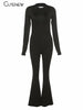 Solid Black Sexy Backless Bodycon Wide Leg Jumpsuit Women Autumn Casual Slim Long Sleeve O-Neck Playsuit Lady Streetwear