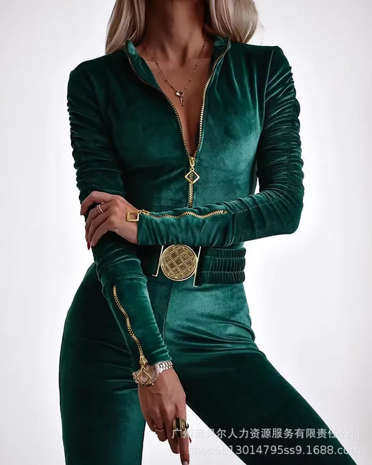 Sexy Bodycon Jumpsuits Women Velvet Zipper Design Sheath Jumpsuits Ruched Long Sleeve Jumpsuit with Elastic Waistbelt