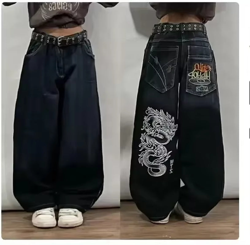 2024 New American Harajuku Retro Straight High Waist Y2K Street Style Women Washed Blue Pockets Baggy Jeans Gothic Wide Pants