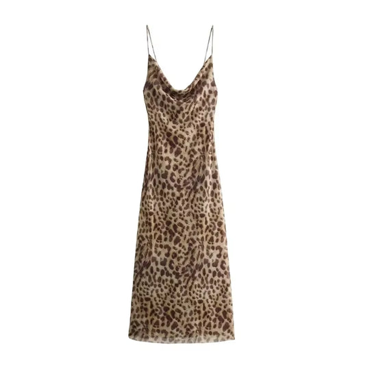 Leopard Print Long Dress Women Tulle Backless Slip Dress Woman Summer Sexy Holiday Dresses 2024 Vintage Midi Party Dresses