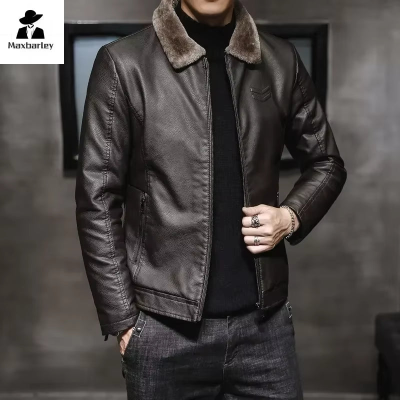 Autumn and Winter Leather Jacket Men'S Business Thickened Faux Fur Collar Windproof Warm PU Coat Men'S Brand Motorcycle Jacket