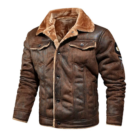 Men Autumn Winter Leather Bomber Jackets Motorcycle Retro Faux Fur Coat Male Thicken Fleece Pilot Black Brown Pu Leather Coats