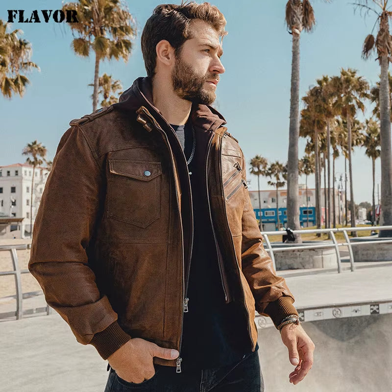 Men'S Real Leather Jacket Men Motorcycle Removable Hood Winter Coat Men Warm Genuine Leather Jackets