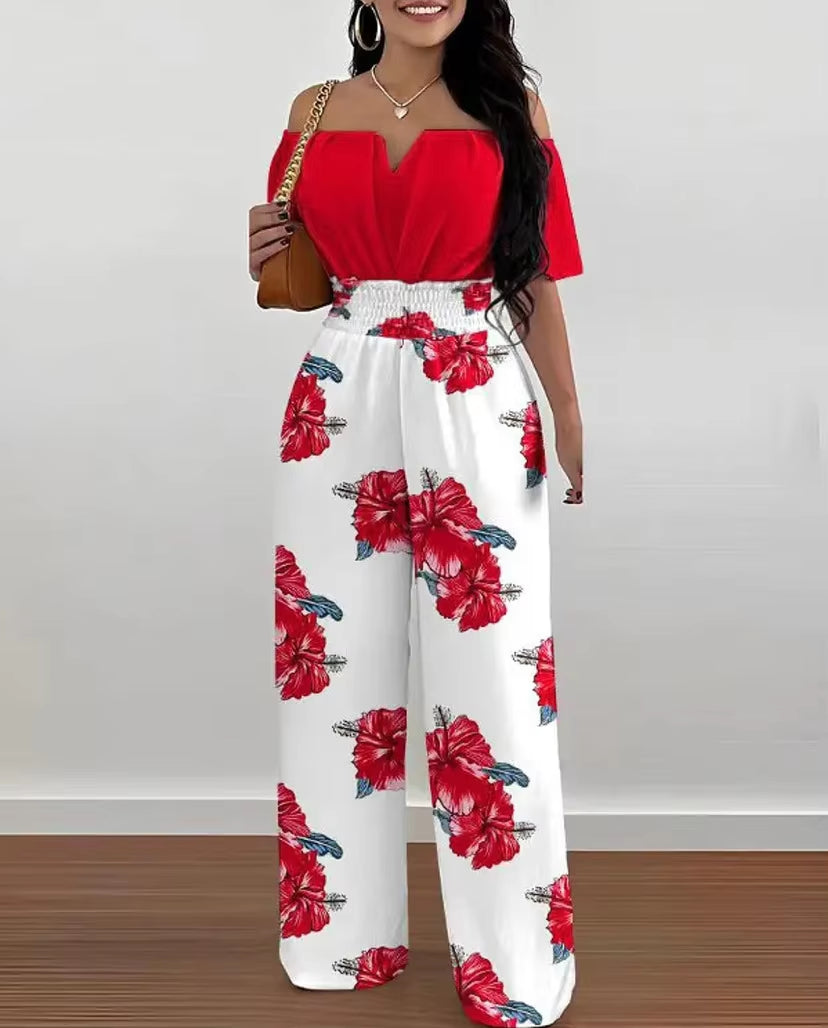 Summer Elegant off Shoulder Women'S Jumpsuit 2024 Fashion Trend Casual Short Sleeve Wide Leg Pants Jumpsuits for Women Overalls