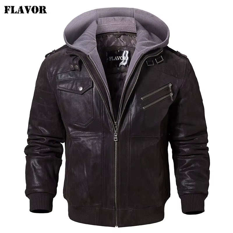 Men'S Real Leather Jacket Men Motorcycle Removable Hood Winter Coat Men Warm Genuine Leather Jackets