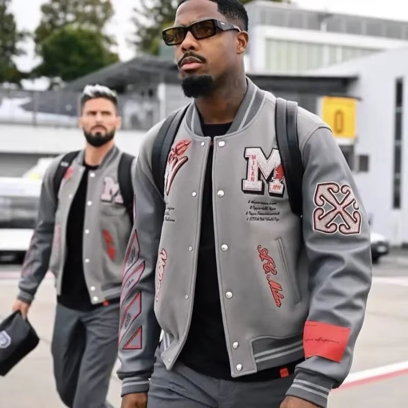 Trendy Europe and the United States New Men'S Bomber Jacket Hip-Hop Letters Embroidery Splicing Leather Baseball Suit Y2K Jacket