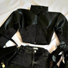 Y2K Leather Spliced Denim Black Two Piece Set Women Harajuku Gothic Long Sleeve Zipper Jacket Mini Pleated Skirt Autumn Jacket