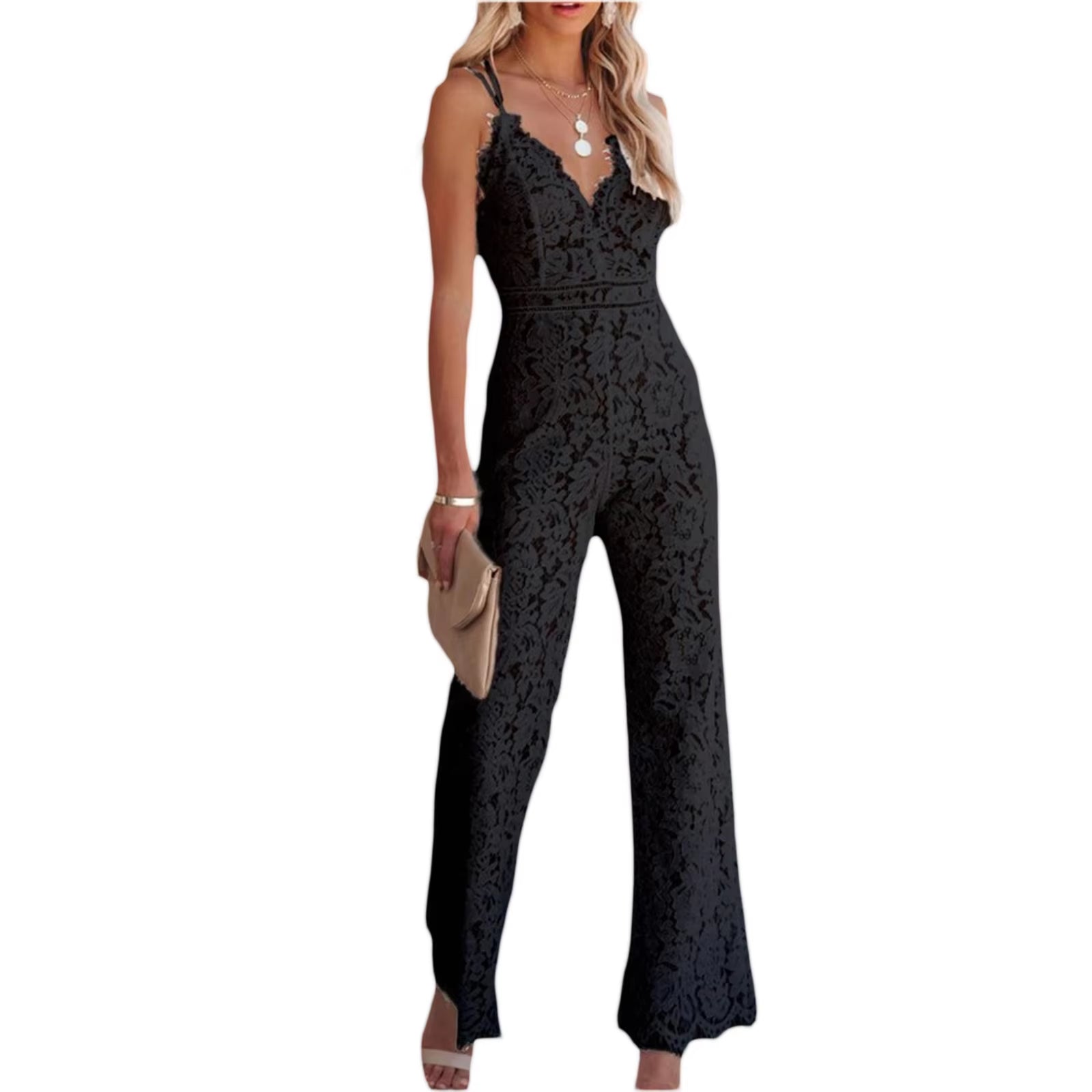 Women'S Sexy Lace Floral Jumpsuit Summer V Neck Solid Color Sleeveless Backless Bodycon Long Romper Playsuit Party Clubwear