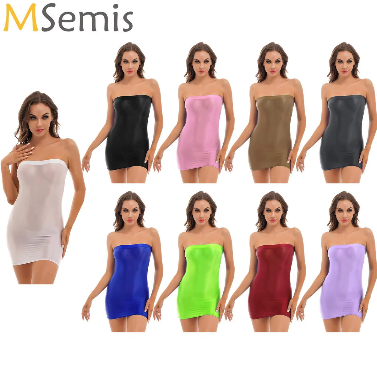 Womens Glossy Strapless Bodycon Dress Sexy Summer Bikini Cover Ups Solid Stretchy Mini Pencil Dresses Rave Party Clubwear