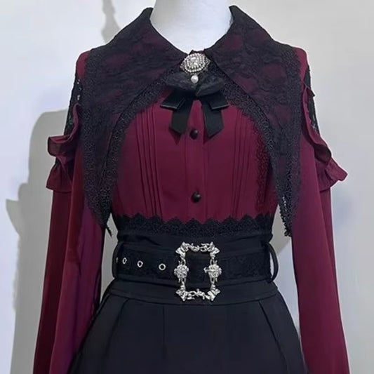 Harajuku Gothic Lolita Shirt Japanese Y2K Aesthetic Bow Lace Hollow Out Bat Collar Long Sleeve Blouse Women Elegant Clothes Tops