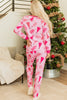 Pink Christmas Tree Print V Neck Buttoned Pullover and Drawstring Pants Lounge Set