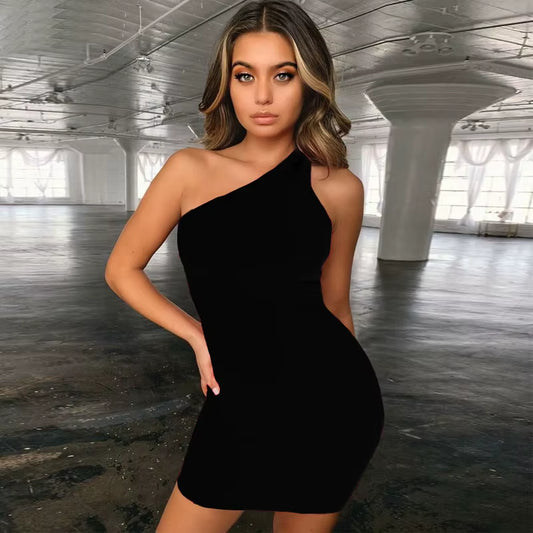 New Black One Shoulder Club Party Sexy Dress Summer Women Sleeveless Bodycon Mini Dresses plus Size Vestido White Casual Dress