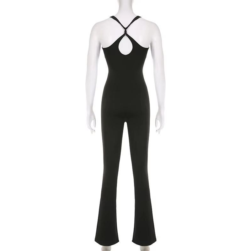 Women Sexy Jumpsuits Hollow Out Backless Sleeveless Solid Rompers Casual Bodycon Streetwear Sporty Overall Black Summer