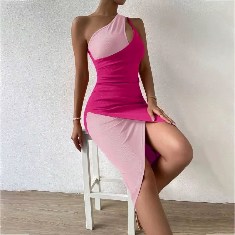 [You'Re My Secret] Summer Color Contrast Bag Hip Skirt Sexy Single Shoulder Cut-Out Side Split Split Sleeveless Dresses