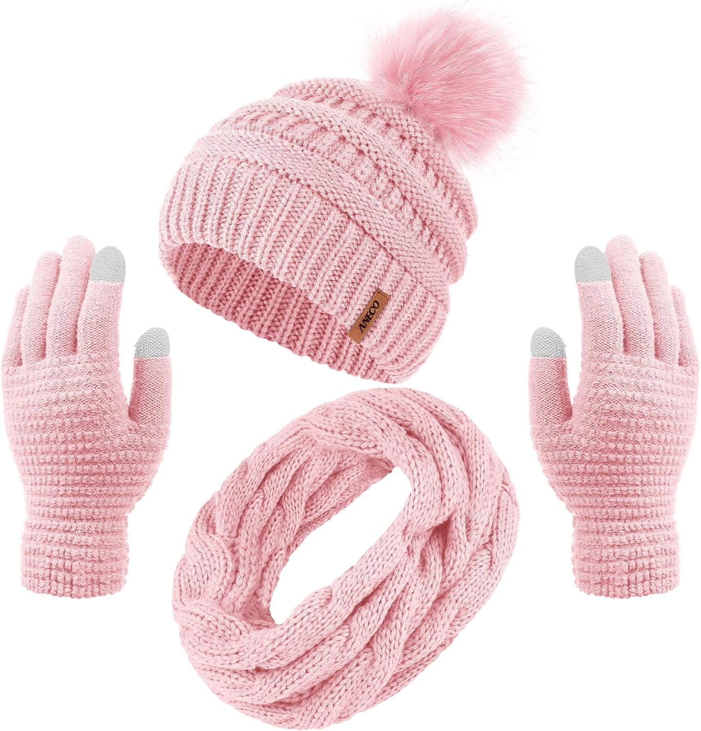 Womens Winter Warm Sets Knitted Fur Pompoms Beanie Hat Circle Loop Scarf Touch Screen Gloves Winter Favor Accessories