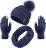 Womens Winter Warm Sets Knitted Fur Pompoms Beanie Hat Circle Loop Scarf Touch Screen Gloves Winter Favor Accessories