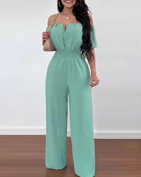 Summer Elegant off Shoulder Women'S Jumpsuit 2024 Fashion Trend Casual Short Sleeve Wide Leg Pants Jumpsuits for Women Overalls