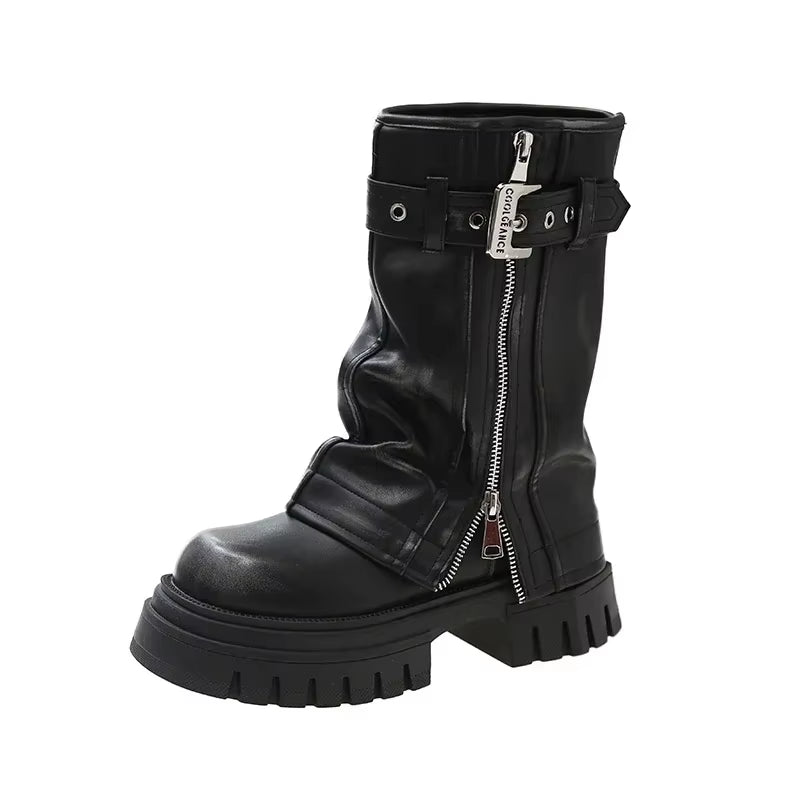 2023 New Shoes for Women Belt Buckle Women'S Boot Fashion Side Zipp Modern Boots Women High Quality round Toe Mid-Calf Zapatos