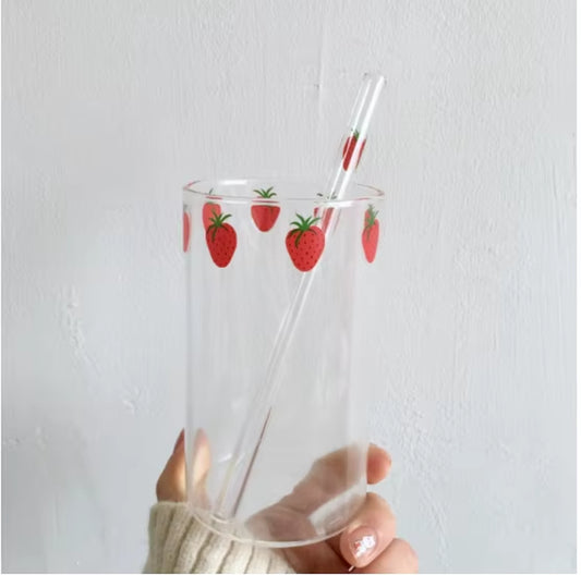 300Ml Strawberry Cute Glass Cup with Straw Creative Transparent Water Cup Student Milk Heat Resistant Glass Nana