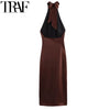 Halter Satin Long Dress Women Tied Backless Brown Midi Dress Summer off Shoulder Party Dresses Pleated Evening Dress