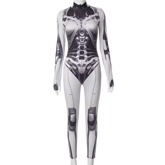 3D Printed Cosplay Bodycon Jumpsuits Y2K Techwear Long Sleeve Gothic Punk Playsuits Anime Women Mock Neck Zip Bodysuit