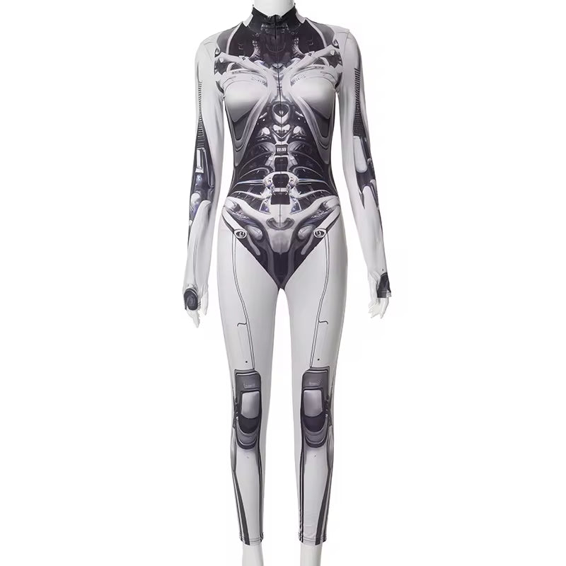 3D Printed Cosplay Bodycon Jumpsuits Y2K Techwear Long Sleeve Gothic Punk Playsuits Anime Women Mock Neck Zip Bodysuit