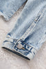 Sky Blue Lapel Distressed Raw Hem Buttons Denim Jacket