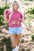 Pink Leopard Ruffled Sleeve Round Neck Knit Sweater