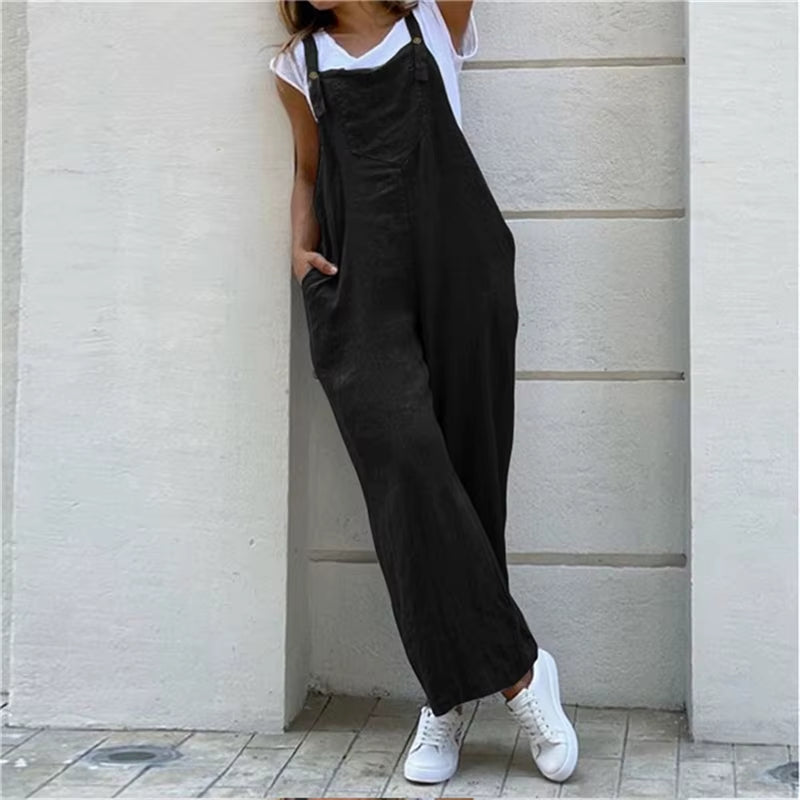 Summer Jumpsuit for Women Solid Color Jumpsuit Casual Long Pant Pockets Button Wide Leg Strap Jumpsuit Loose Rompers Overalls