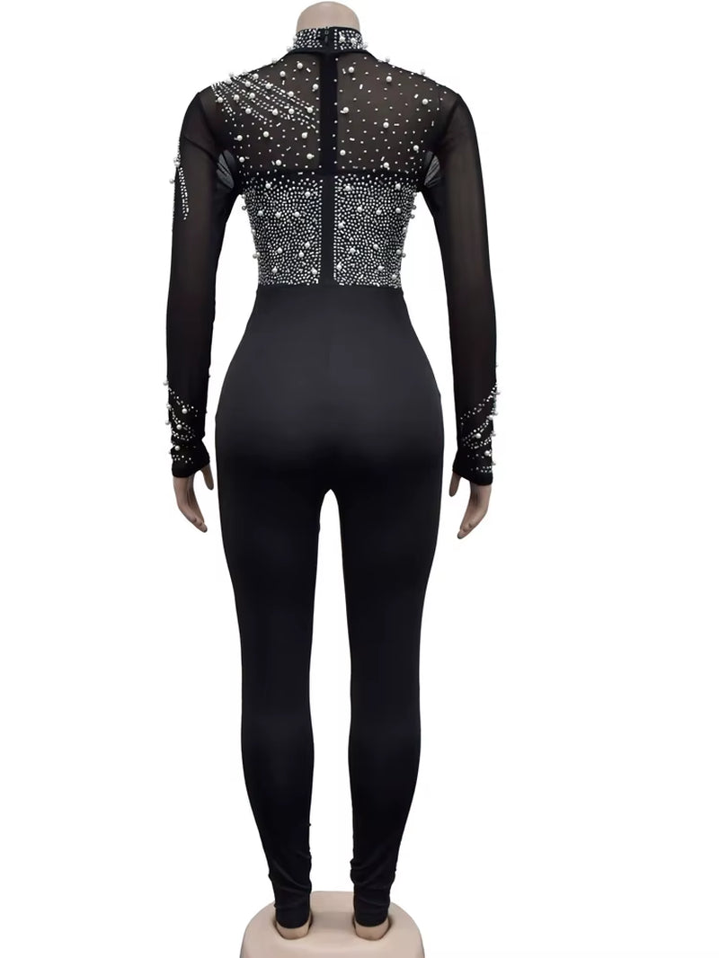 Women'S Sheer Mesh Crystal Jumpsuits One Piece Outfits Glam Fitted Long Sleeve Pearls Rhinestone Rompers Club Overalls