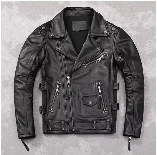 Yr.Wholesales.Heavy Brand Quality Real Leather Jacket.Cool Motor Rider Rivet Cow Leather Coat.Vintage Style Leather Wear