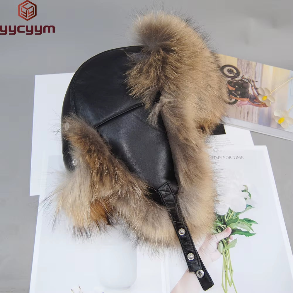 Winter Men'S 100% Real Silver Fox Fur Aviator Bomber Hat Raccoon Fur Ushanka Cap Trapper Russian Man Ski Hats Caps Real Leather