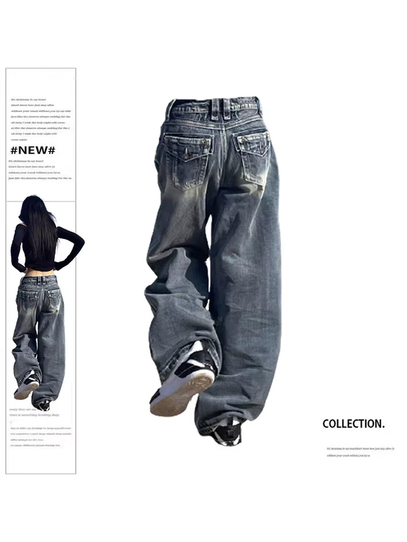 Women'S Vintage Baggy Blue Jeans High Waist Denim Trousers Korean 2000S Y2K Harajuku 90S Aesthetic Oversize Pants Trashy Clothes