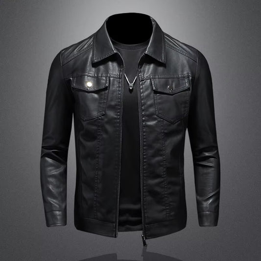 Men'S Lapel Leather Jacket Autumn Oversized Slim Motorcycle Riding Suit Winter Thickened PU Leather Waterproof Work Clothes