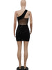 Glitter Single Shoulder Sheer Mesh Sequins Short Dress Glam Black Sequins Party Dress Female Robes Sexy Clubwear