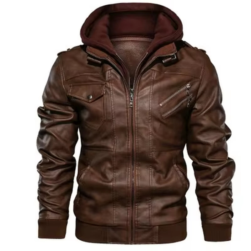 2024 Autumn and Winter Men'S Fashion Zippered Slim-Fit PU Leather Multi-Color Hooded Jacket Coat in Europe and America.