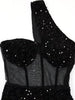 Glitter Single Shoulder Sheer Mesh Sequins Short Dress Glam Black Sequins Party Dress Female Robes Sexy Clubwear