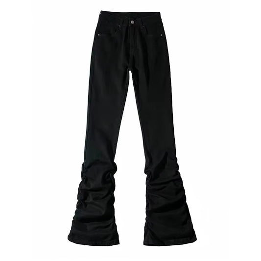 Reddachic Black Ruched Flare Jeans Women Solid Stretch Bootcut Stacked Pants High Rise Trousers Harajuku Goth Grunge Y2K Clothes