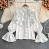 Vintage Solid Blouses Women Elegant Acetate Satin Stand Collar Flare Sleeve Design New Chic Sweet Loose Ruffles Female Mujer