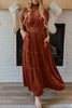 Red Dahlia Velvet Short Sleeve Shirred Waist Tiered Maxi Dress