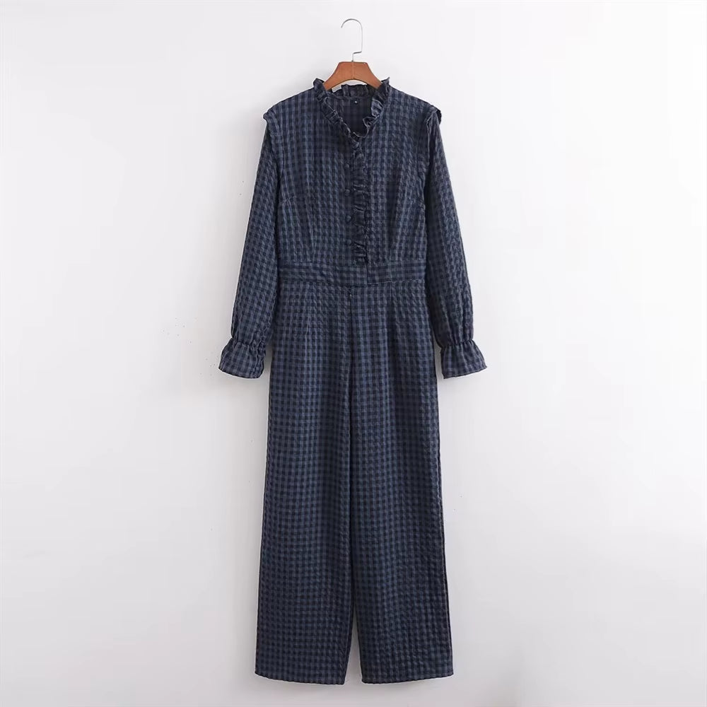 2024 Spring New Women'S Fashion Temperament Casual Versatile Bubble Sleeve Plaid Long Jumpsuit