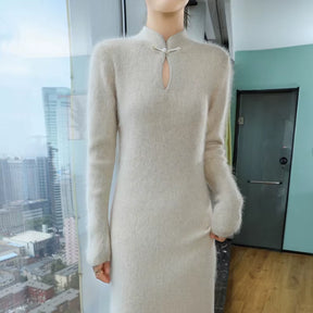 100% Pure Mink Cashmere Knitted Dress Women Stand up Collar Button Long Skirts Casual High Waist over Knee Dress New Thick Skirt