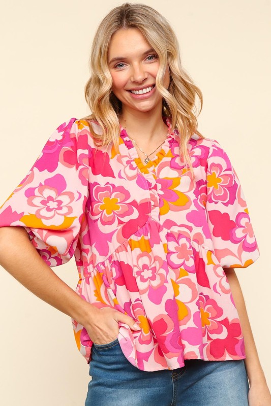 Haptics Full Size Frill Floral Puff Sleeve Blouse