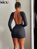 Summer Women Milk Silk Mini Dress Casual Classic Backless Full Sleeve O-Neck Basic Fit Bodycon Female Concise Streetwear