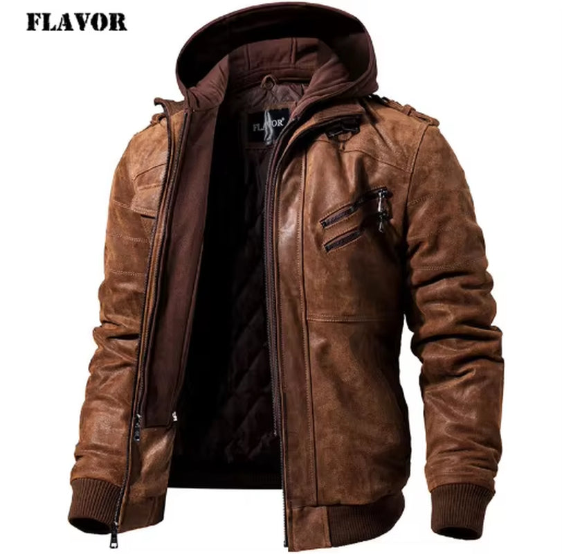 Men'S Real Leather Jacket Men Motorcycle Removable Hood Winter Coat Men Warm Genuine Leather Jackets