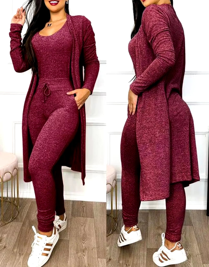 Autumn Women'S New Drawstring Pocket Design Jumpsuit & Coat Set Temperament Commuting Women Fashion Suit Sets Two Piece Outfits