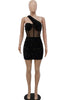 Glitter Single Shoulder Sheer Mesh Sequins Short Dress Glam Black Sequins Party Dress Female Robes Sexy Clubwear