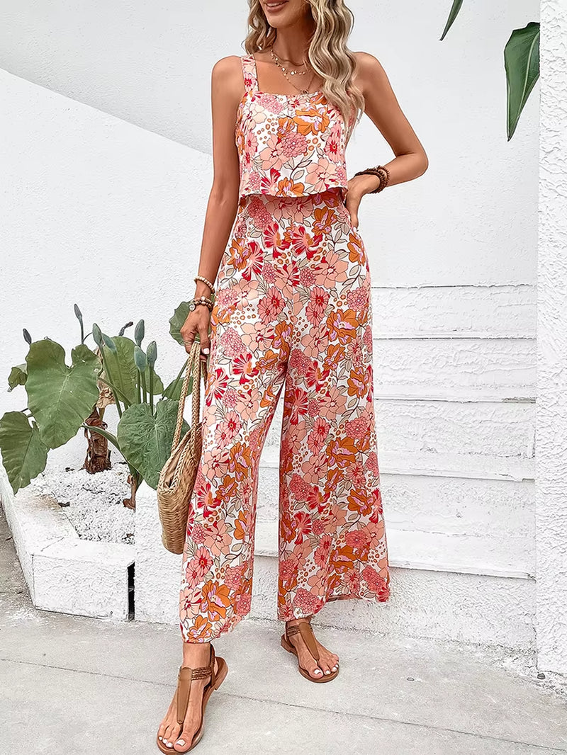 Elegant Long Jumpsuit Women Sexy Backless Wide Leg Jumpsuits Casual Sleeveless Floral Rompers Summer Clothes for Woman 2024 New