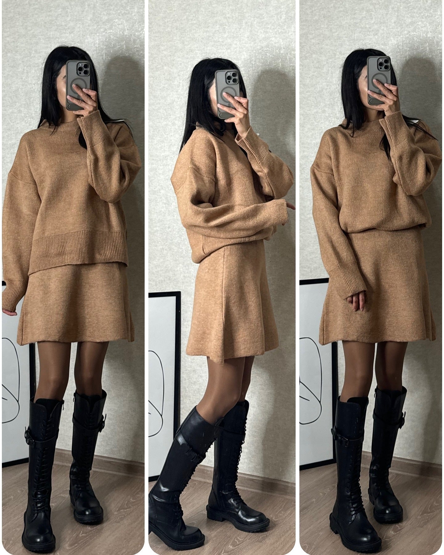 -Sweater Skirt Sets For Women 2 Pieces Knit Casual Versatile Long Sleeve Pullover Elegant Solid High Waist Mini Skirt Outfit