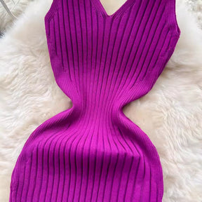 Women V Neck Solid Ribben Knitted Dresses Casual All Match Slimple Sexy Package Hips Bodycon Dress Elegant Vestidos Streetwear